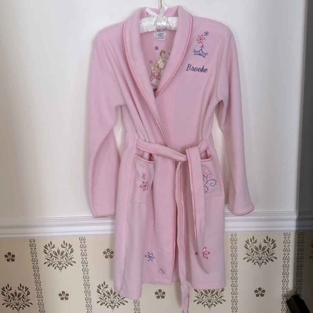 Vintage Disney Store Princess Pale Pink Fleece Robe Embroidered “Brooke” L 10-12